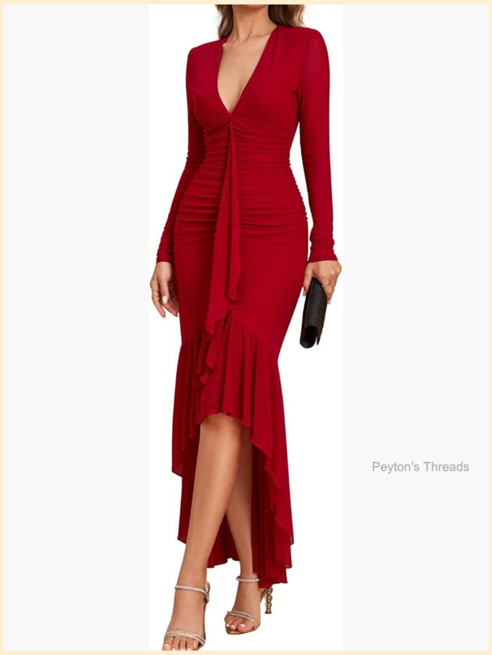 Long Sleeve Formal Dress V Neck Ruffles Ruched Bodycon Midi for Wedding Guest